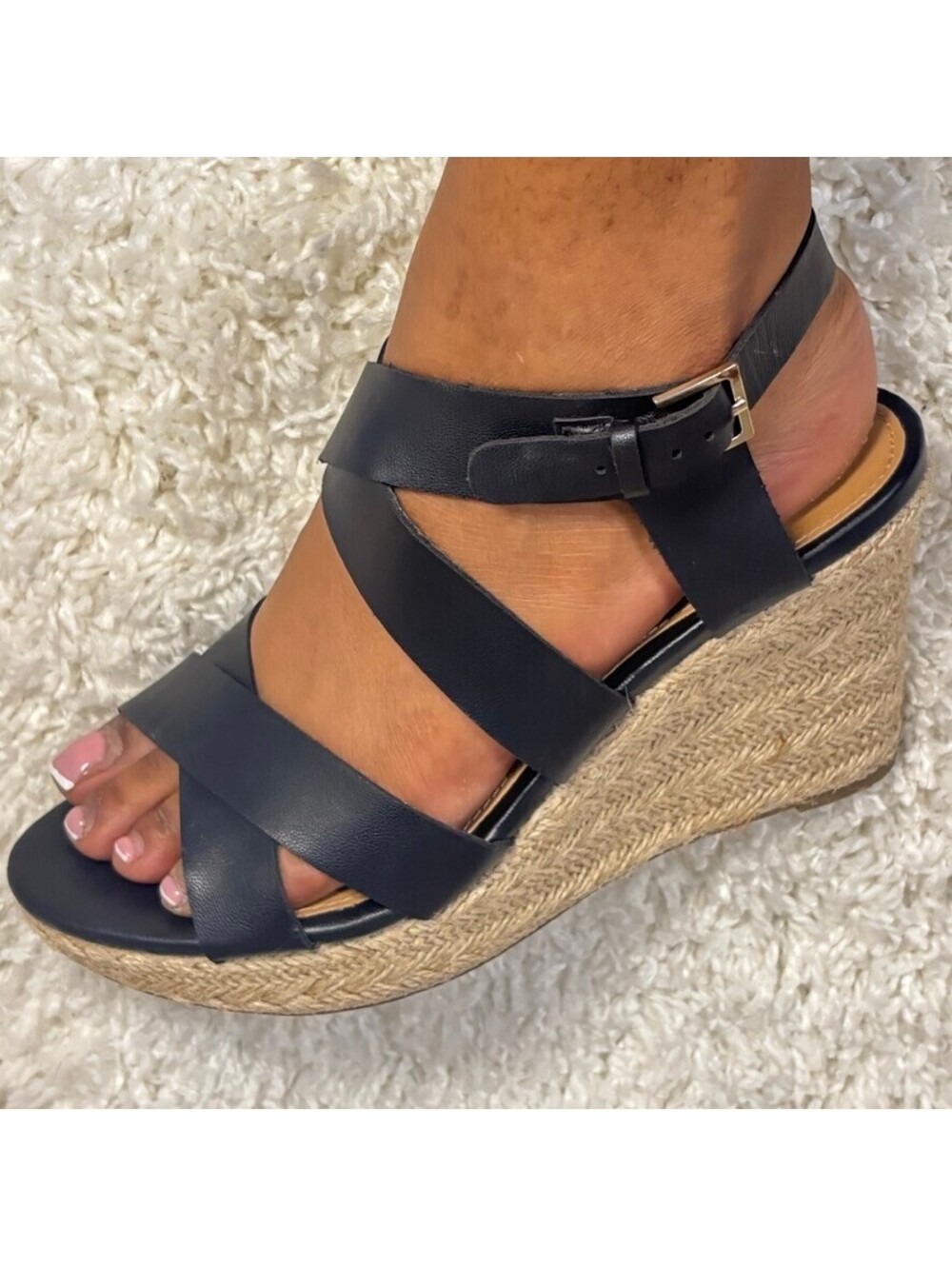 Report Black Espadrille Wedge Sandals Strappy Ankle Buckle Platform Size 8